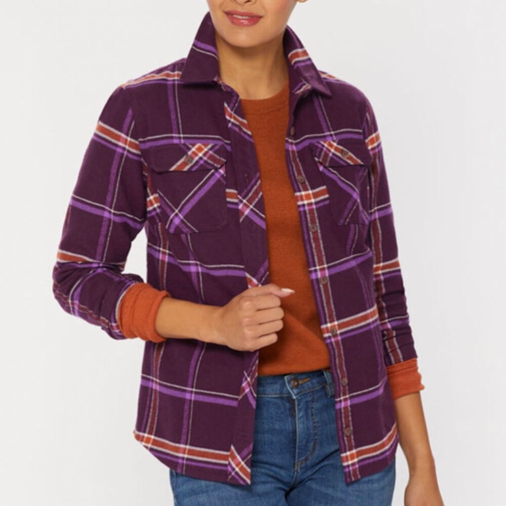 Women's Duluth Folklore Flannel Purple & Burnt Orange Plaid Soft XS Grunge